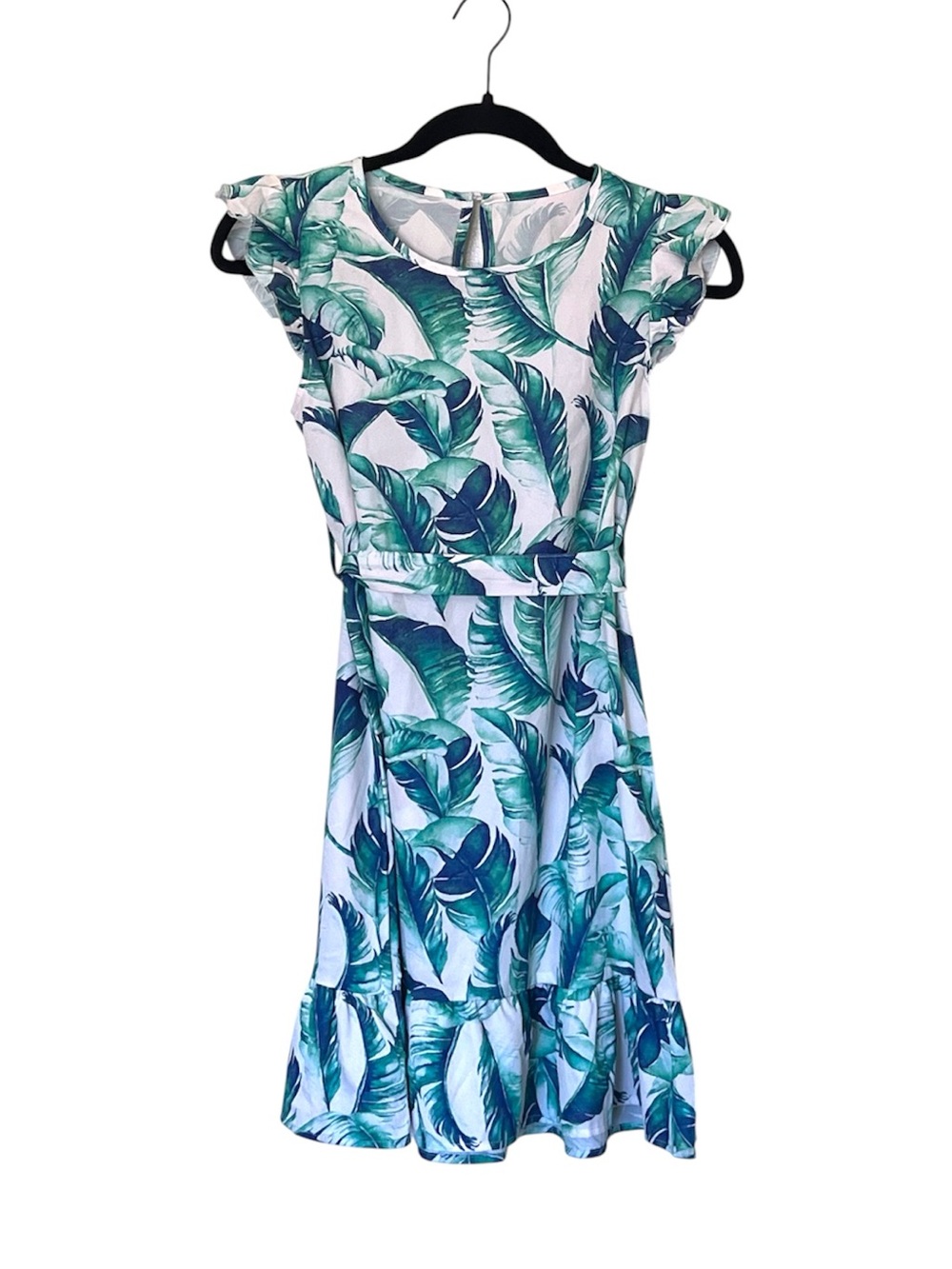 SHEIN White Midi Dress with Green Tropical Leaf Print